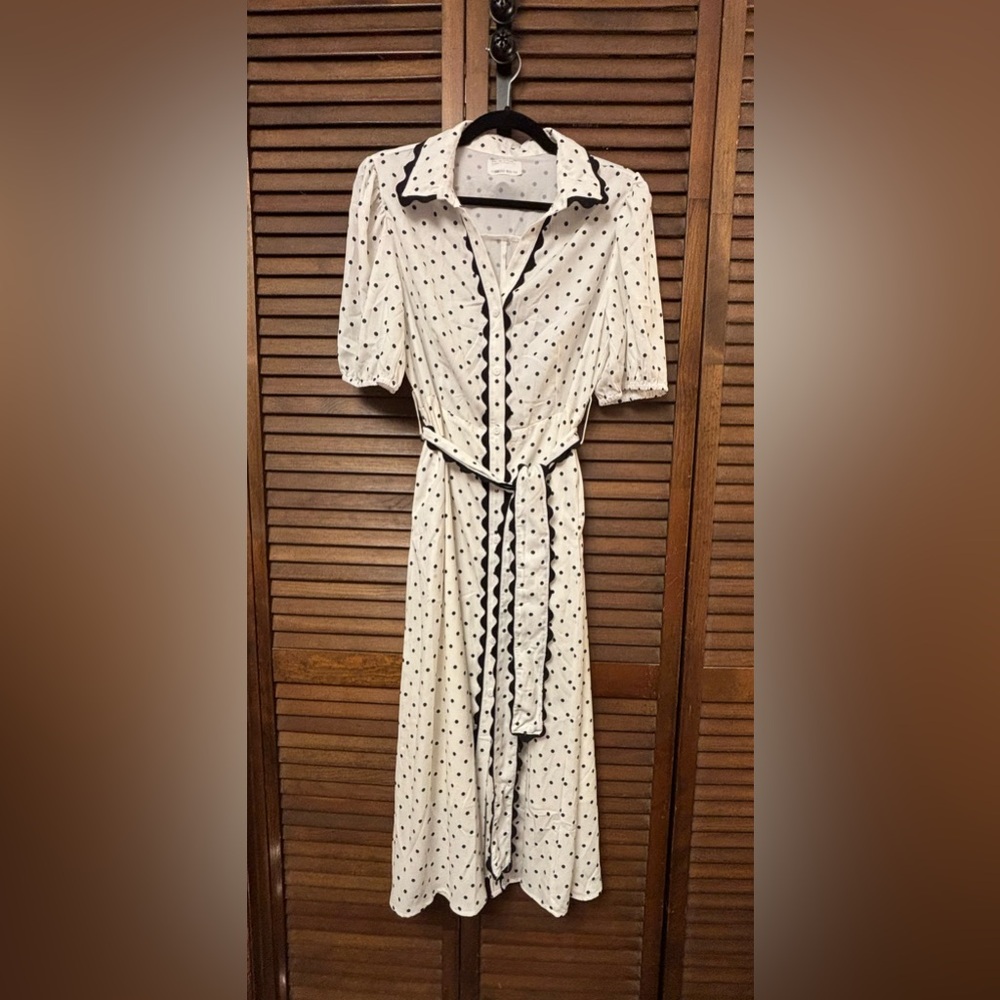NWT Ivory/Cream Polka Dot Midi Dress with Black Trim,Tie Belt & Pockets - Large